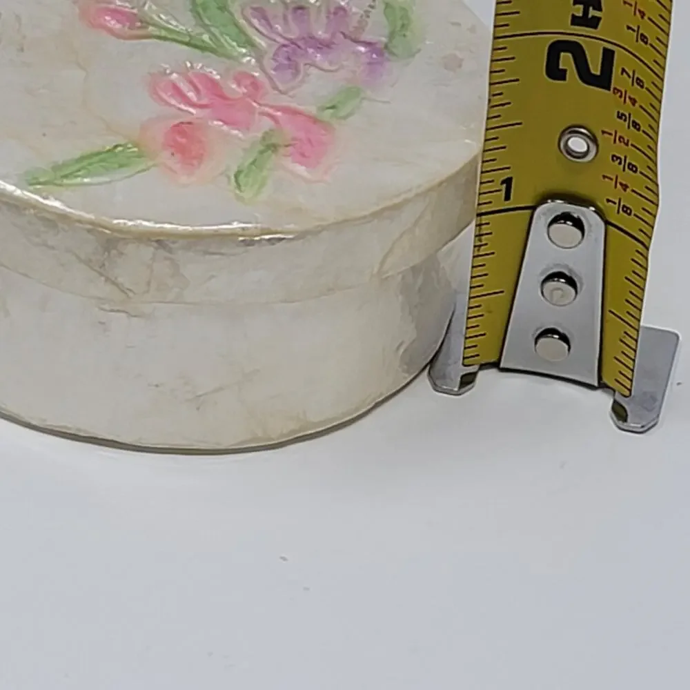 Vintage Capiz Shell Trinket Box Tray Floral Orchid Inlay Scalloped Edge SM CHIP